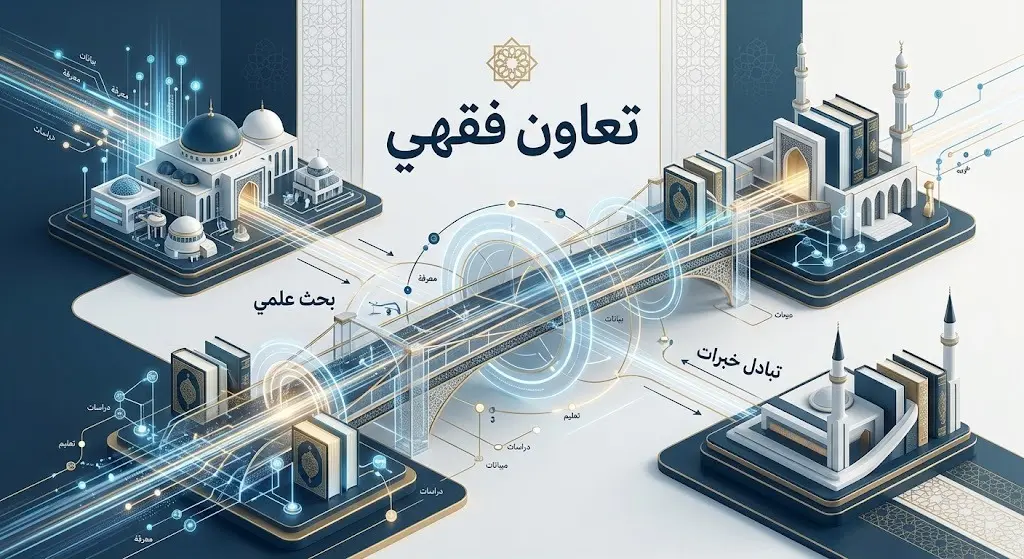 تصميم إنفوجرافيك إبداعي يوضح قنوات تبادل الخبرات والبحث العلمي بين المؤسسات الدينية، مزين بكلمات عربية دقيقة مثل 'تعاون فقهي' و'بحث علمي'.