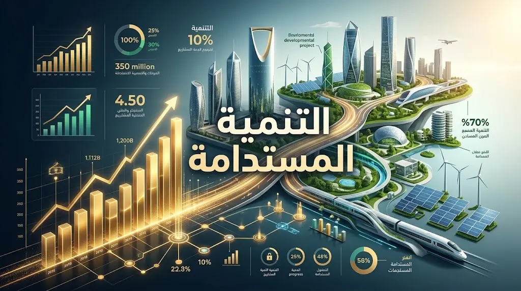 تصميم تعبيري حديث يدمج بين المؤشرات المالية المتصاعدة والمشاريع التنموية الكبرى ليعكس الأثر الإيجابي للتمويل الحكومي.