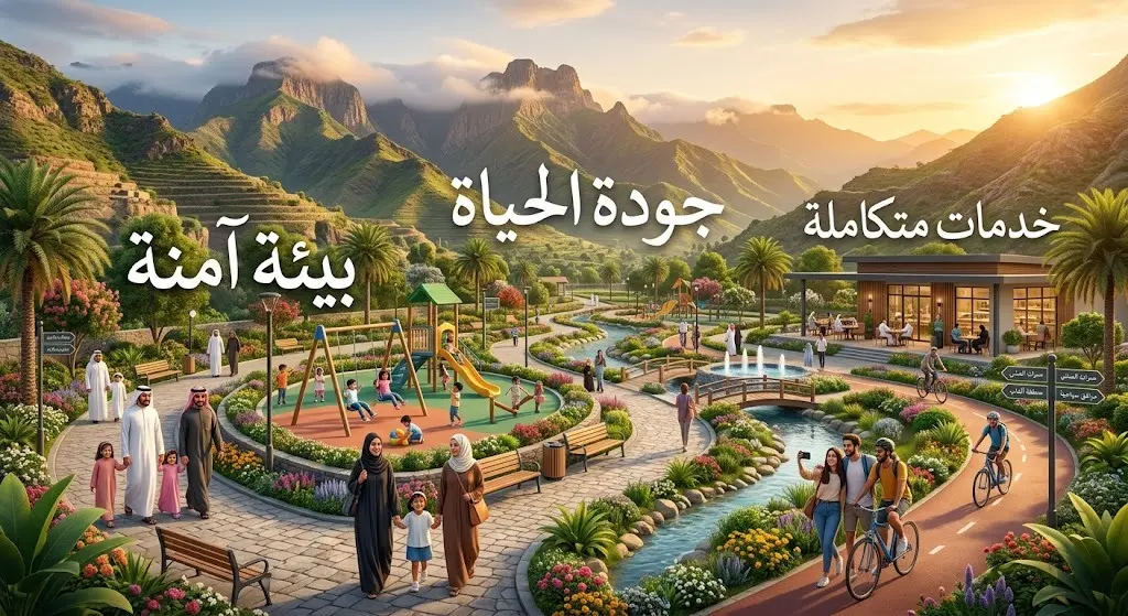 مشهد تعبيري ثلاثي الأبعاد يوضح استمتاع العائلات والزوار بالحدائق والمرافق العامة المهيأة في طبيعة عسير الخلابة.