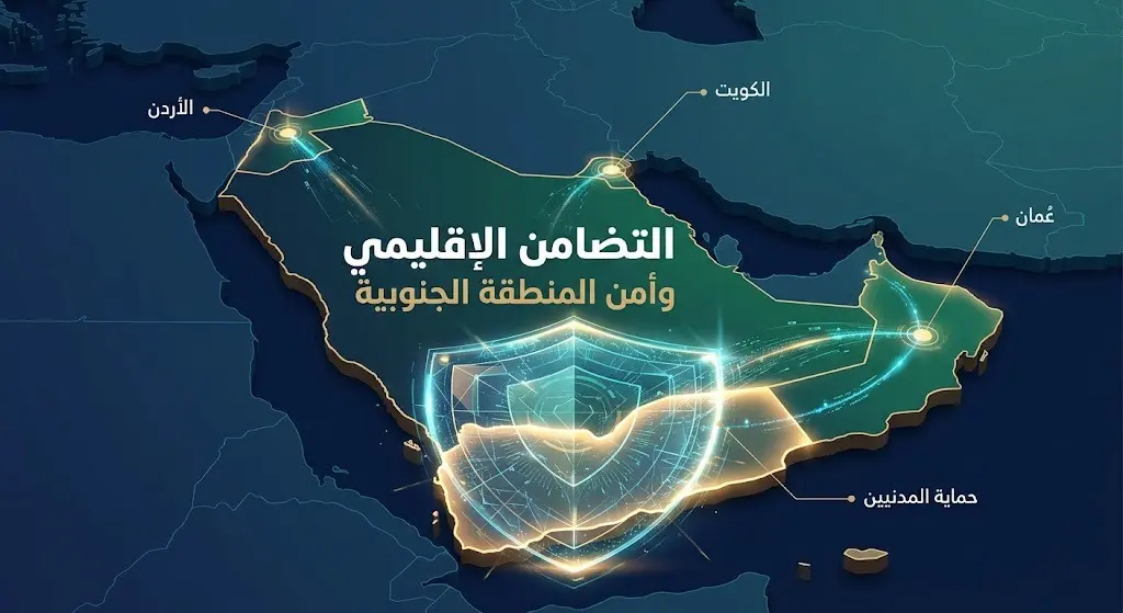 إنفوجرافيك يوضح التضامن الإقليمي والدبلوماسي مع المملكة العربية السعودية لحماية أمن المنطقة الجنوبية عبر درع رمزي مترابط.