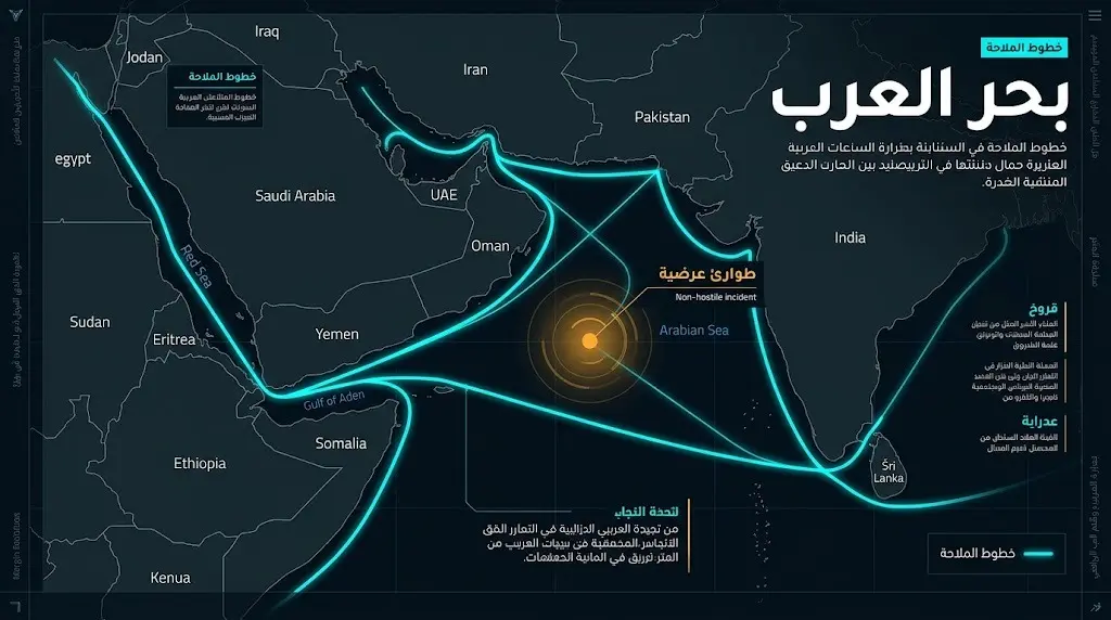 خريطة استراتيجية لبحر العرب تبرز خطوط الملاحة وتشير إلى استقرار الأمن البحري بعد الحادث