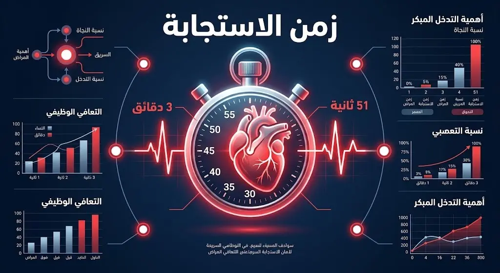 تصميم بياني إبداعي يدمج بين ساعة توقيت رقمية وخط نبضات القلب، يستعرض أرقاماً قياسية لزمن الاستجابة الإسعافية مثل 51 ثانية و3 دقائق وتأثيرها المباشر في إنقاذ الأرواح.