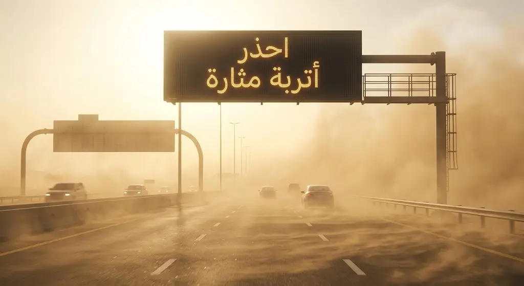 مشهد تعبيري سينمائي لطريق سريع تغطيه الأتربة المثارة مع لوحة إرشادية مضيئة تحذر السائقين باللغة العربية.