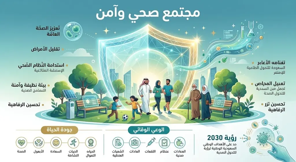 تصميم تعبيري يبرز أثر التوعية الصحية في بناء مجتمع آمن ورفع جودة الحياة وتطبيق مبدأ الوقاية قبل العلاج.