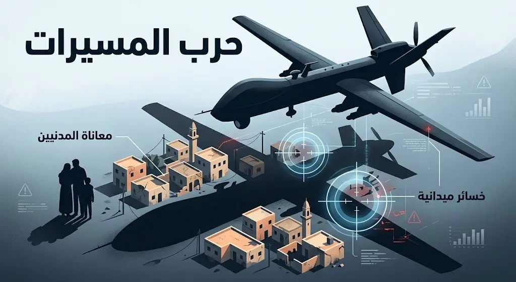 رسم تعبيري يجسد ظل طائرة مسيرة فوق منطقة سكنية، موضحاً الأثر المدمر للاعتماد على الهجمات الجوية عن بعد.