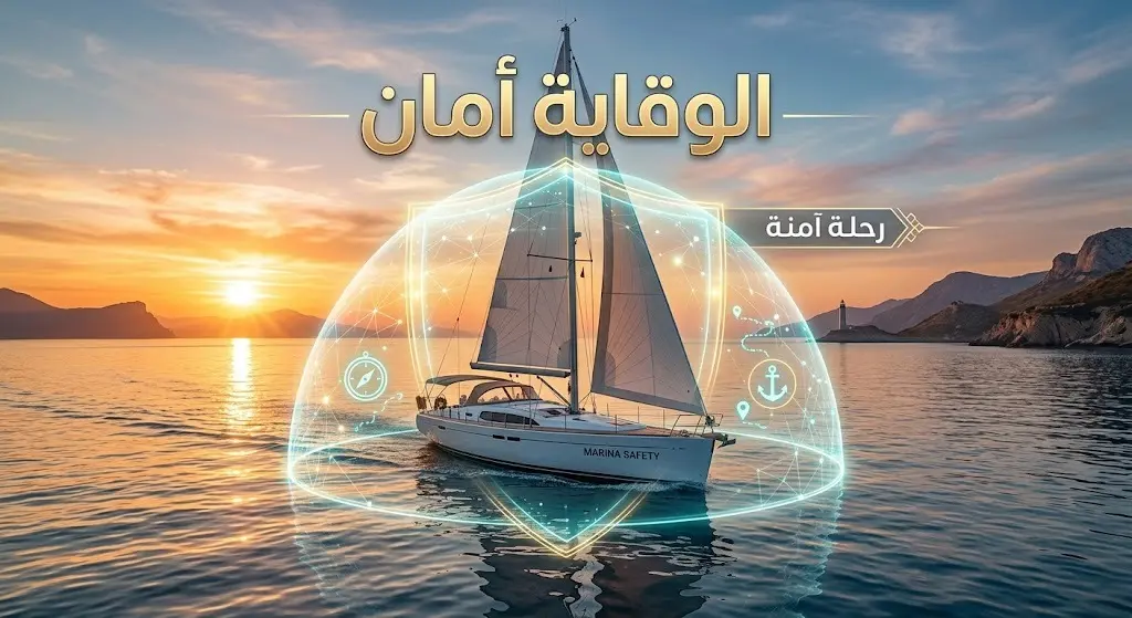 تصميم تعبيري يظهر واسطة بحرية تبحر بأمان وسلام داخل درع حماية افتراضي مضيء، لتمثيل أهمية الالتزام بتعليمات السلامة البحرية.