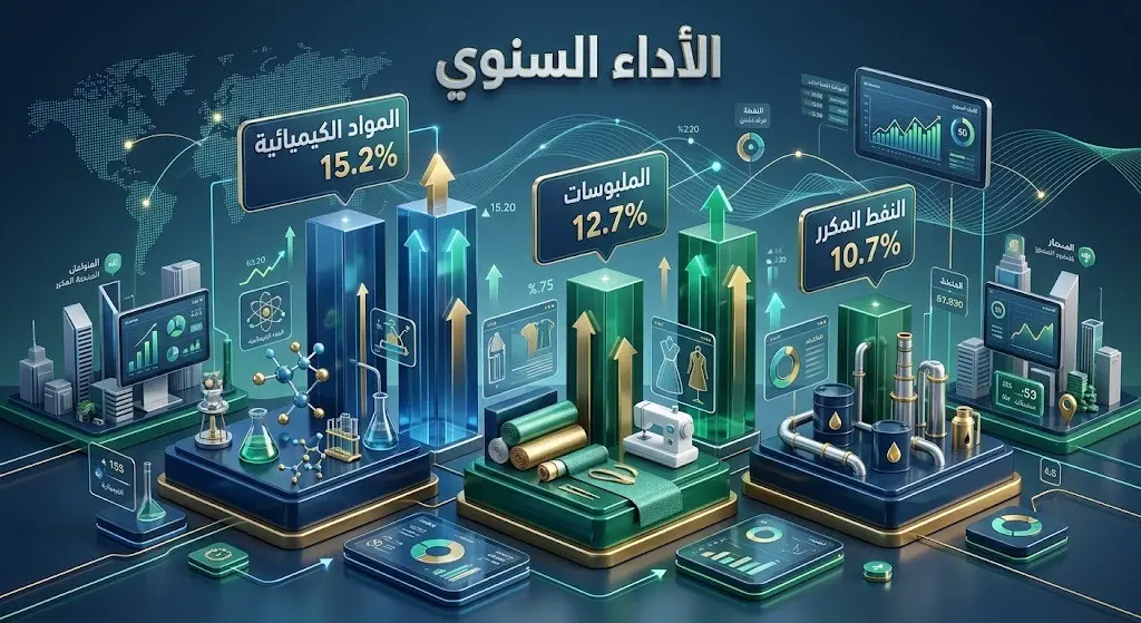 إنفوجرافيك ثلاثي الأبعاد يوضح الأداء السنوي للقطاعات الصناعية ونسب الارتفاع المتفاوتة لشهر مايو 2026.