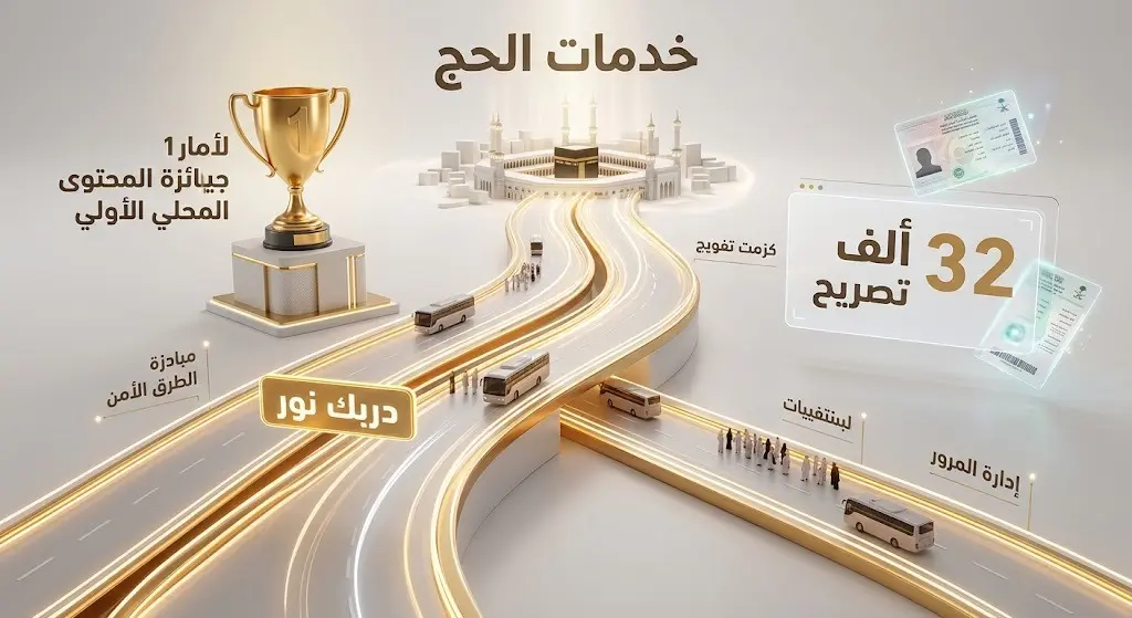 تصميم إبداعي يستعرض إنجازات الهيئة العامة للطرق وتصاريح النقل خلال موسم الحج، متضمناً جائزة المحتوى المحلي ومبادرات خدمة الحجاج.