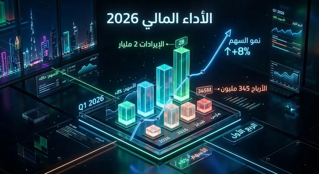 لوحة بيانات مالية بتصميم عصري تستعرض بالأرقام إيرادات وأرباح شركة أكوا باور وأداء سهمها الإيجابي في الربع الأول من 2026.