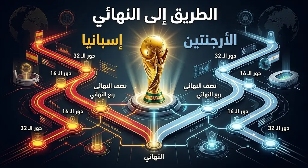 تصميم بياني يستعرض مشوار إسبانيا والأرجنتين في الأدوار الإقصائية وصولاً إلى نهائي كأس العالم 2026، مع إبراز مسار ونتائج كلا المنتخبين.
