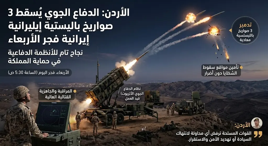 الأردن يعلن إسقاط ثلاثة صواريخ باليستية إيرانية وتأمين مواقع سقوط الشظايا دون وقوع إصابات