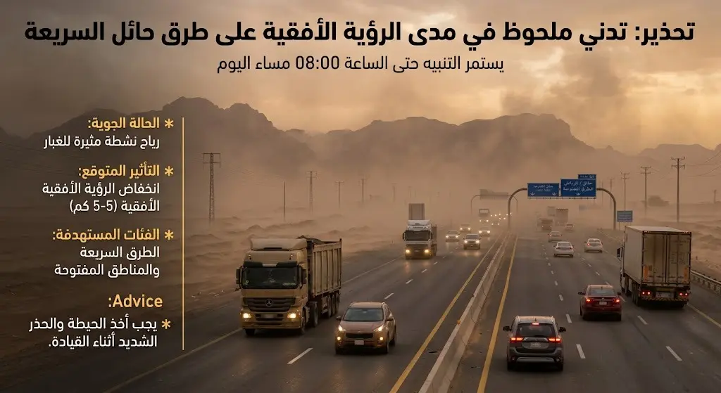 الأرصاد تحذر من انخفاض ملحوظ في مدى الرؤية الأفقية على طرق حائل السريعة حتى الثامنة مساء