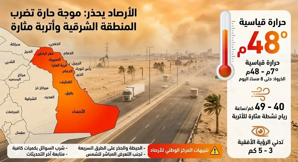 الأرصاد يحذر من موجة حارة تضرب المنطقة الشرقية بحرارة تلامس 48 درجة وسط رياح وأتربة مثارة