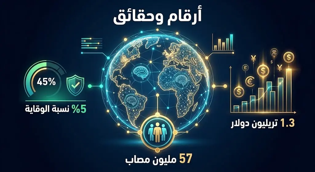تصميم بياني مبتكر يبرز الإحصائيات العالمية المتعلقة بمرض الخرف، موضحاً أعداد المصابين والتكلفة الاقتصادية عبر نصوص وأرقام عربية دقيقة.