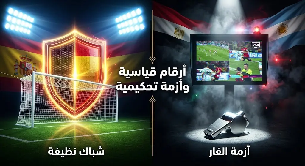تصميم بصري مقسم يعرض صلابة دفاع إسبانيا وحارسها من جهة، ومن جهة أخرى يجسد الجدل التحكيمي وأزمة تقنية الفيديو في مباراة مصر والأرجنتين.