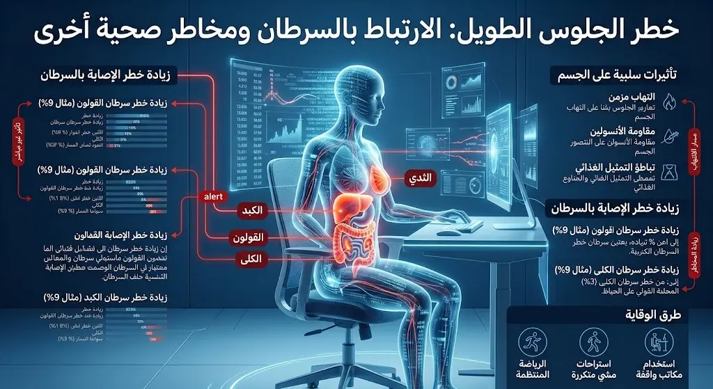 إنفوجرافيك طبي يوضح العلاقة بين الجلوس المتواصل وزيادة خطر الإصابة بالسرطان بنسبة 9 بالمئة لكل ساعة.
