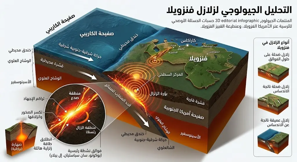 إنفوجرافيك جيولوجي يوضح التقاء الصفيحة الكاريبية بصفيحة أمريكا الجنوبية وتأثيره الزلزالي على فنزويلا.