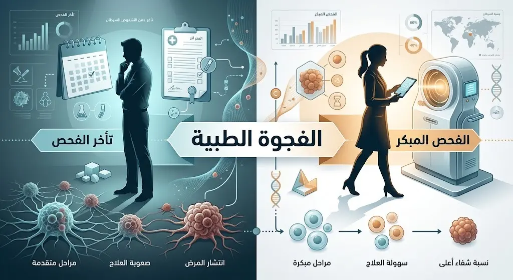 تصميم تعبيري يجسد الفجوة بين الجنسين في الكشف المبكر عن السرطان، يبرز تراجع الرجال عن الفحص الدوري مقابل مبادرة النساء.