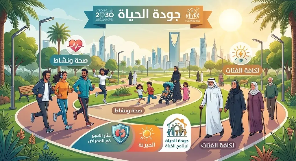 رسم توضيحي يعكس تنوع الفئات العمرية المستفيدة من مضامير المشي وارتباطها بالصحة وجودة الحياة.