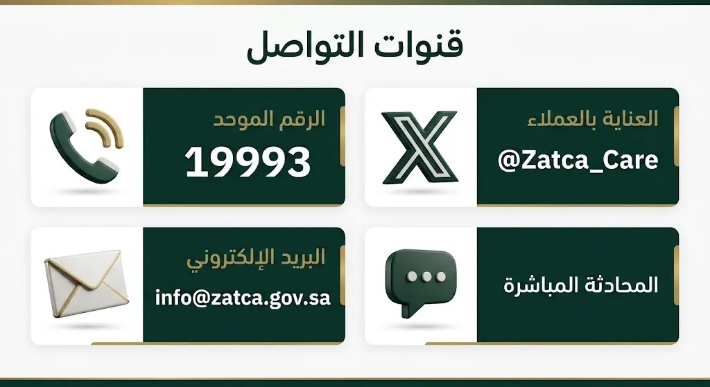 إنفوجرافيك يستعرض قنوات التواصل الرسمية لهيئة الزكاة والضريبة والجمارك، موضحاً رقم الاتصال الموحد وحساب العناية بالعملاء والبريد الإلكتروني.