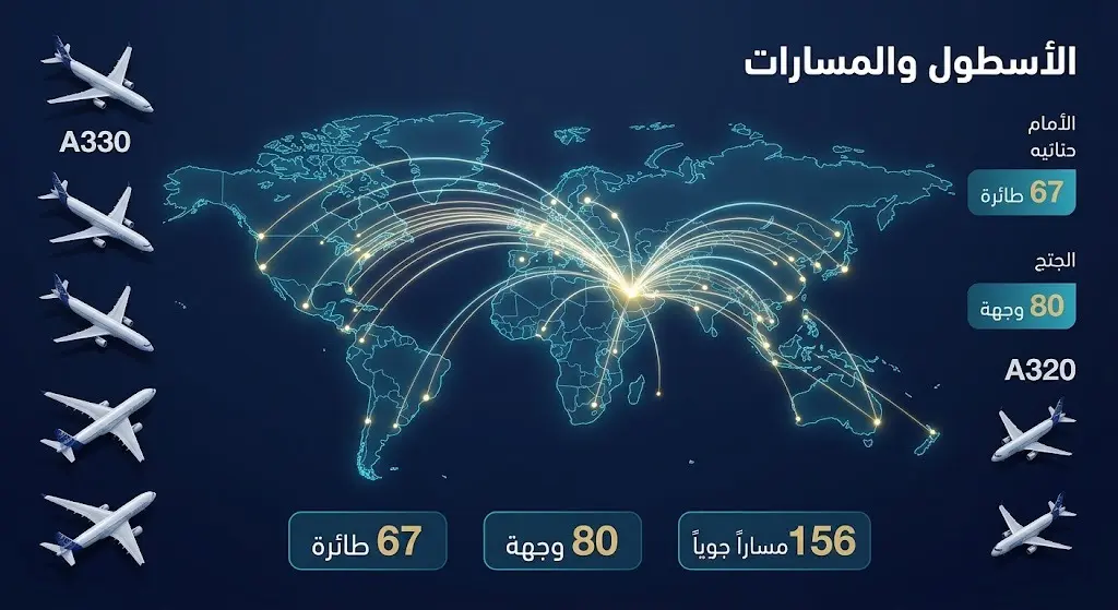 إنفوجرافيك ثلاثي الأبعاد يعرض خريطة مسارات طيران ناس لأكثر من 80 وجهة عالمية، مع تفاصيل أسطول الشركة المكون من 67 طائرة إيرباص.