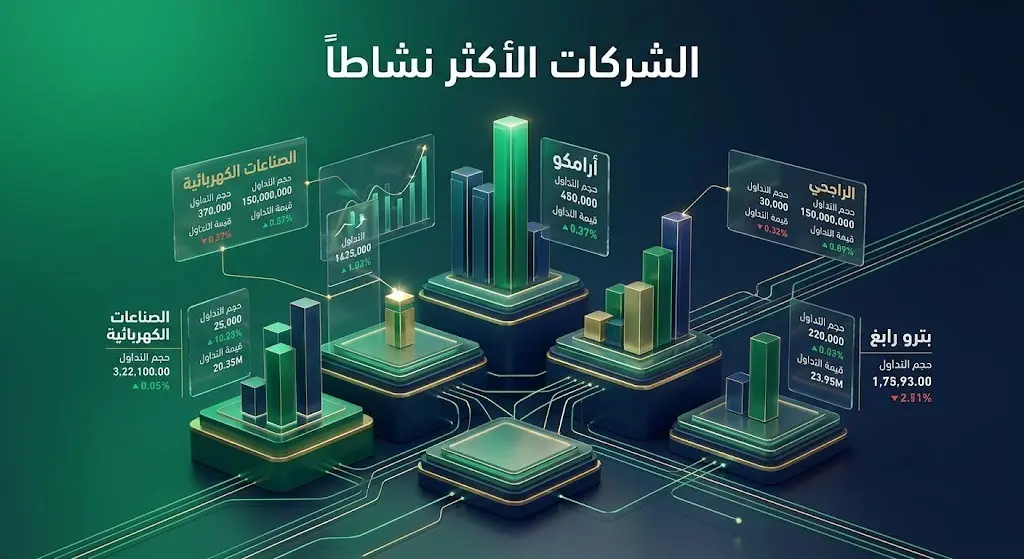 إنفوجرافيك مالي يوضح الأسهم الأكثر نشاطاً وتأثيراً في السوق السعودي مع إبراز أسماء الشركات القيادية كأرامكو والراجحي.