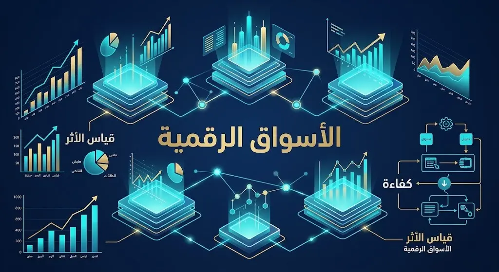 تصميم إنفوجرافيك عصري يجسد الأسواق الرقمية وتحليل البيانات بشاشات هولوغرامية مضيئة، مع نصوص عربية دقيقة تشير لقياس الأثر وتنافسية الأسواق.