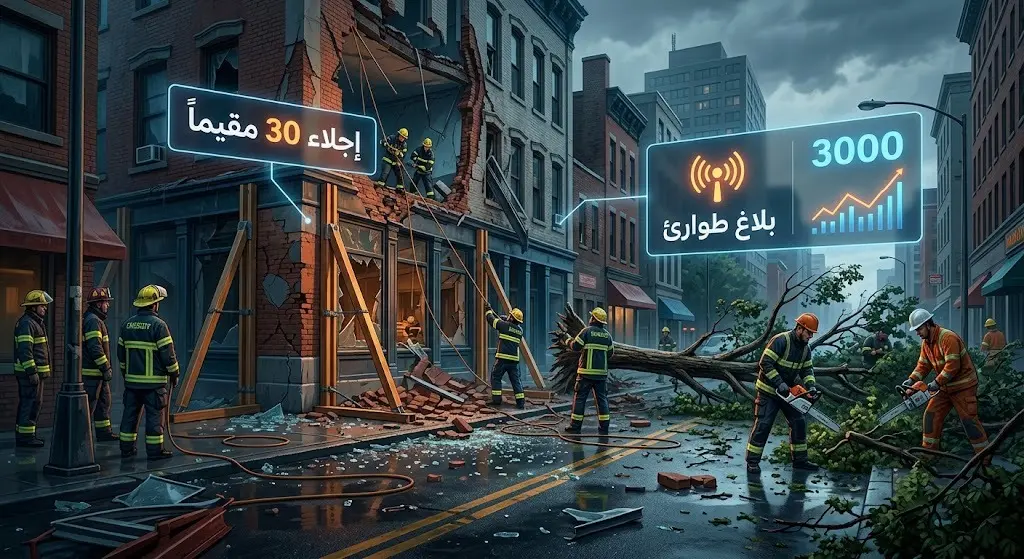 رسم تعبيري بياني يبرز الأضرار الإنشائية وجهود فرق الطوارئ في تأمين وإجلاء سكان فيلادلفيا بعد العاصفة.