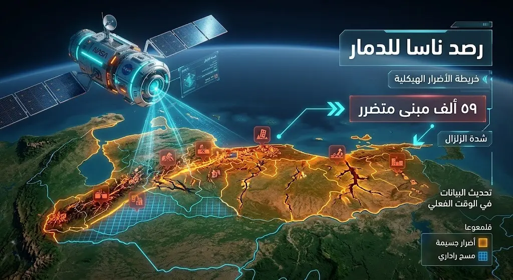 تصميم بصري يظهر قمراً صناعياً تابعاً لناسا يرصد حجم الدمار الذي لحق بعشرات الآلاف من المباني في فنزويلا.