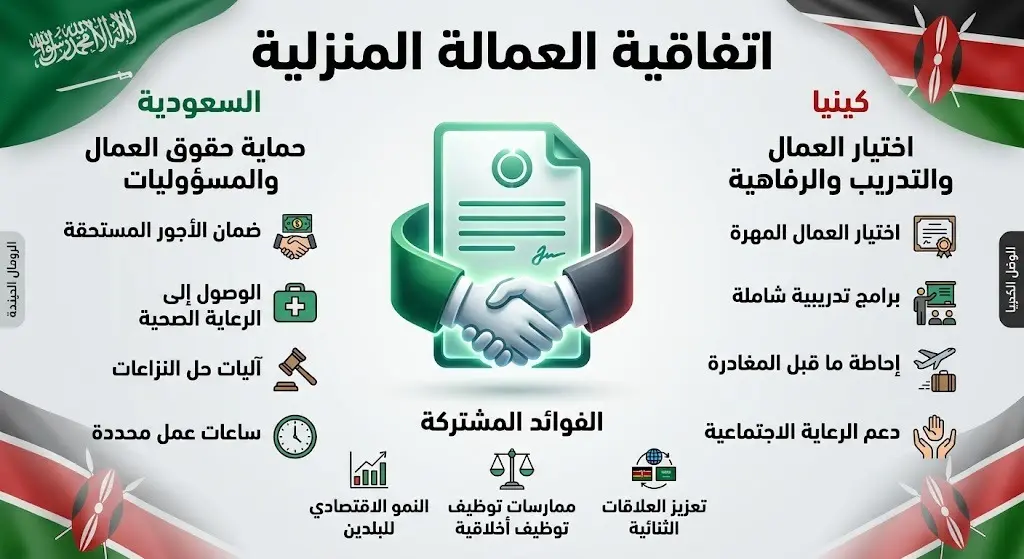 إنفوجرافيك احترافي يستعرض الأطراف الممثلة في توقيع اتفاقية العمالة المنزلية بين المملكة العربية السعودية وجمهورية كينيا.