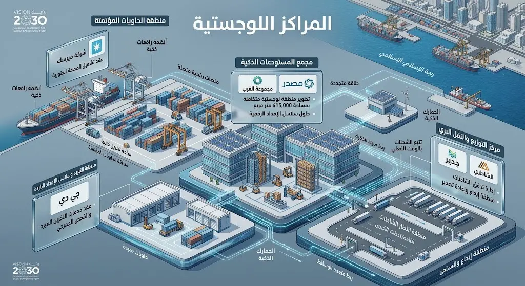 إنفوجرافيك ثلاثي الأبعاد يستعرض الشركات الموقعة لتطوير المراكز اللوجستية بميناء جدة الإسلامي وتفاصيل أنشطتها في المناولة والتخزين.