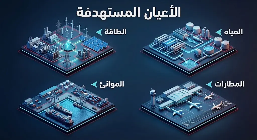 تصميم بصري ثلاثي الأبعاد يستعرض الأعيان المدنية الحيوية المستهدفة والتي تشمل منشآت الطاقة، محطات المياه، الموانئ، والمطارات.