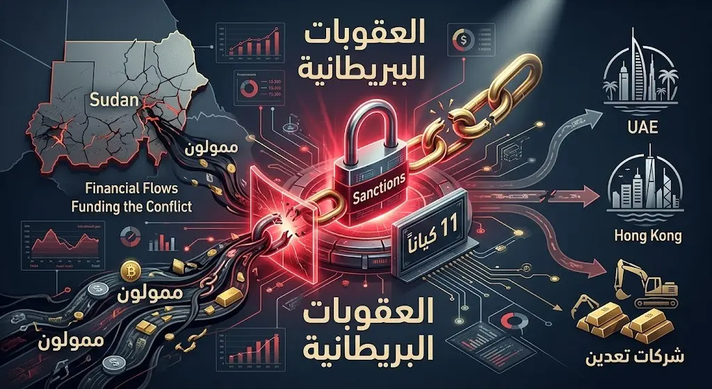 مخطط معلوماتي يوضح الأفراد والشركات المستهدفة بالعقوبات البريطانية لتمويلها الصراع في السودان عبر شبكات الذهب والعقارات.