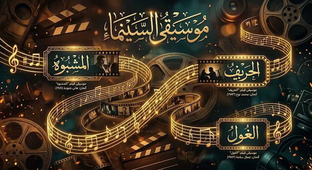 إنفوجرافيك فني يدمج بين شرائط السينما والنوتات الموسيقية المضيئة تعبيراً عن أبرز أعمال الموسيقار في الموسيقى التصويرية للأفلام.