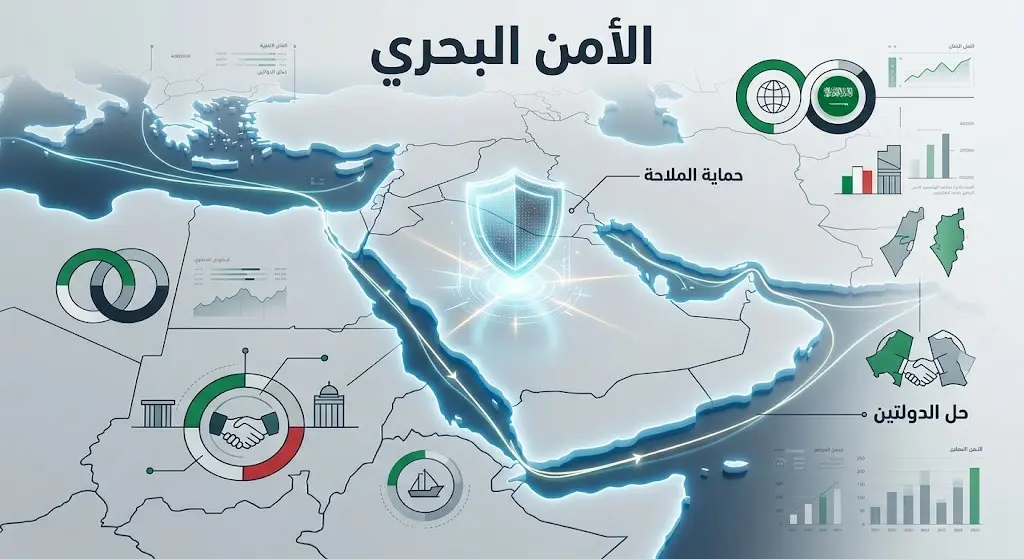 إنفوجرافيك وتصميم تعبيري يبرز أهمية الأمن البحري وحماية خطوط الملاحة ضمن مساعي الدبلوماسية الدولية لتعزيز الاستقرار الإقليمي.