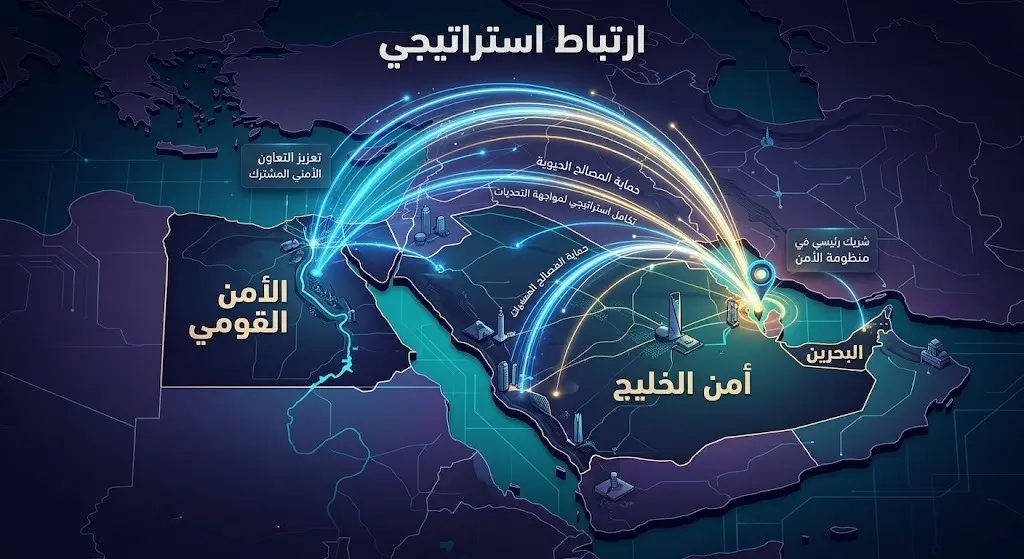 إنفوجرافيك لخريطة استراتيجية ثلاثية الأبعاد توضح خطوط الاتصال الاستراتيجي والمصير المشترك بين مصر ودول الخليج العربي.