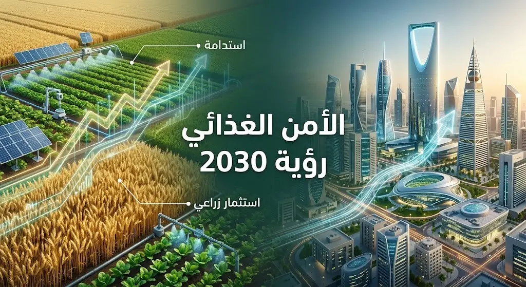رسم تعبيري يدمج بين تكنولوجيا الزراعة الحديثة والمشاريع المستقبلية لرؤية السعودية 2030 لتمثيل التعاون الاستثماري المتبادل.