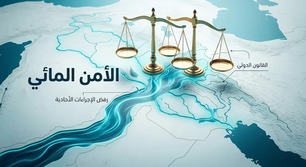 تصميم تعبيري يدمج بين تدفق الموارد المائية العابرة للحدود وميزان العدالة، في إشارة إلى الارتباط الوثيق بين الأمن المائي والقانون الدولي.
