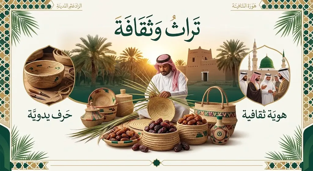 تصميم بصري إبداعي يدمج بين الحرف اليدوية المصنوعة من سعف النخيل وثمار التمور، تعبيراً عن الهوية الثقافية والتراثية المرتبطة بالنخلة في المدينة المنورة.