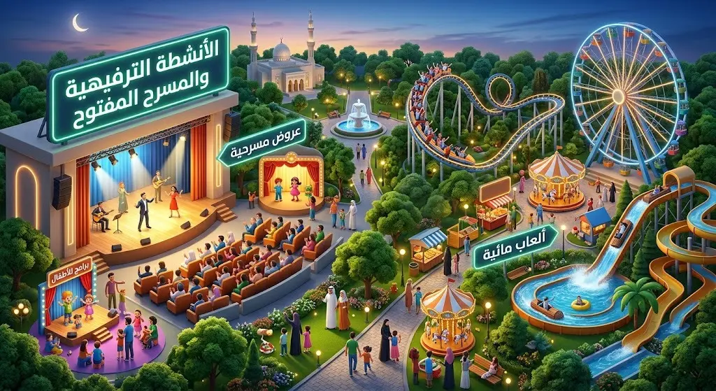 تصميم فني يبرز الأنشطة الترفيهية في مهرجان رفحاء، يضم مسرحاً مفتوحاً وألعاباً مائية وكهربائية وسط أجواء احتفالية بحديقة الملك فهد.