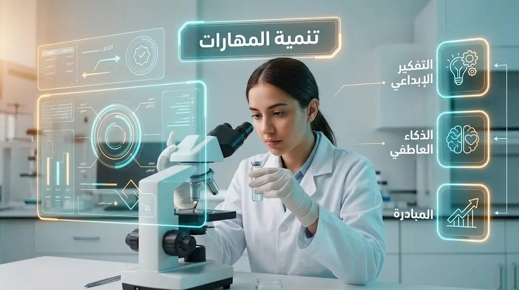 مشهد تعبيري يدمج بين التطبيق المعملي لطالبة موهوبة وعناصر بصرية ذكية تمثل المهارات الشخصية كالتفكير الإبداعي والذكاء العاطفي.