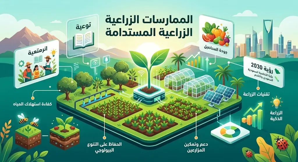تصميم بصري يعبر عن الأنشطة التوعوية والممارسات الزراعية المستدامة لدعم المزارعين.