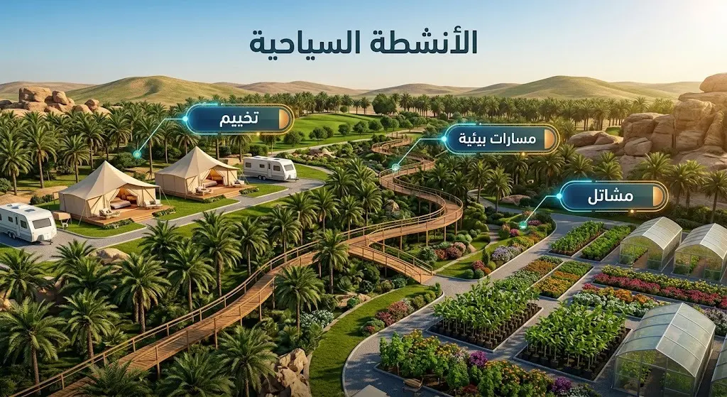 تصميم إنفوجرافيك يدمج بين الطبيعة الخضراء لمتنزهات القصيم وأبرز الأنشطة السياحية المتاحة للاستثمار مثل التخييم والمسارات البيئية.