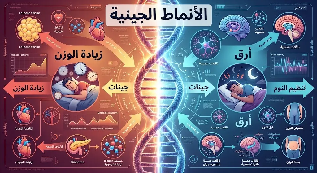 إنفوجرافيك طبي يوضح الأنماط الجينية المختلفة للاكتئاب الشديد وتأثيراتها المتباينة على الوزن والنوم والمخاطر الصحية.