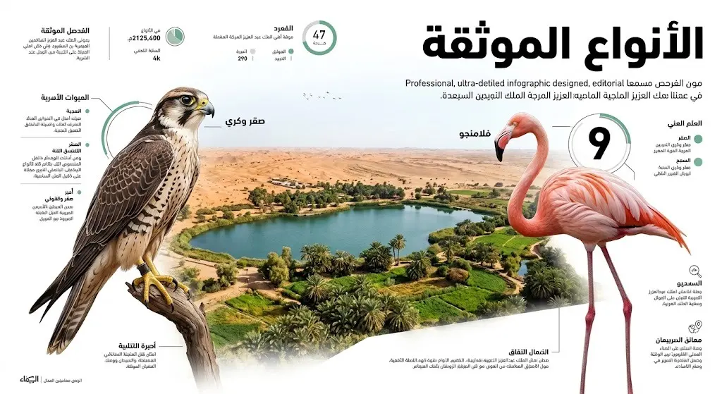 إنفوجرافيك إبداعي يستعرض موائل محمية الملك عبدالعزيز المائية والبرية مع صور لأنواع نادرة من الطيور مثل الصقر الوكري والفلامنجو، مصحوباً بتسميات عربية دقيقة.