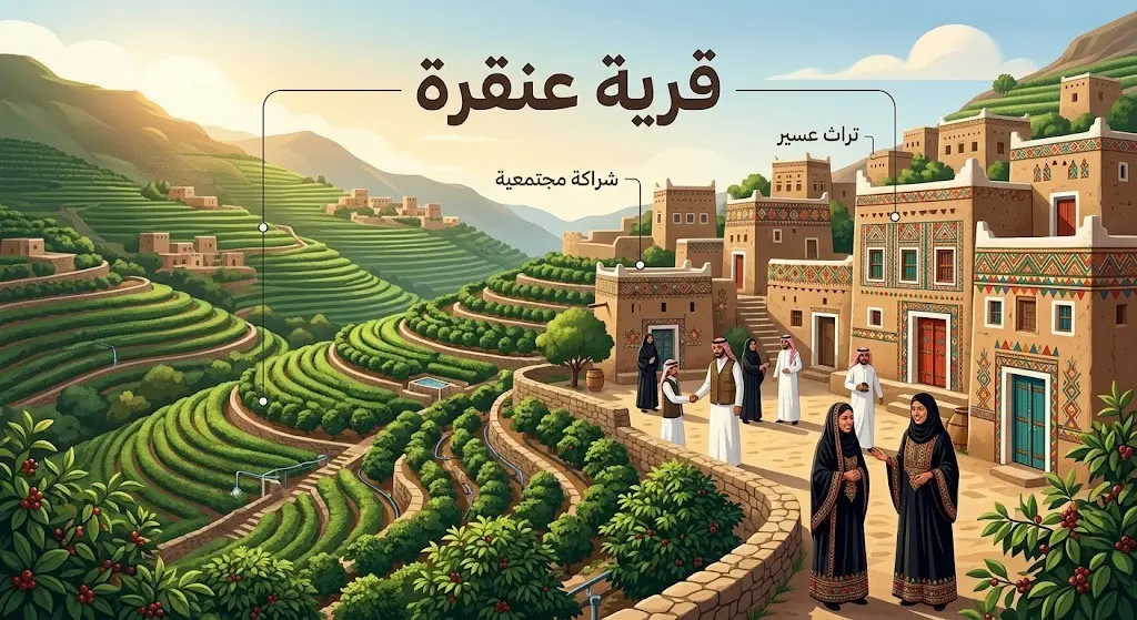 تصميم فني يدمج بين العمارة العسيرية التقليدية والمدرجات الزراعية، موضحاً دور المجتمع المحلي في قرية عنقرة مع نصوص توضيحية.