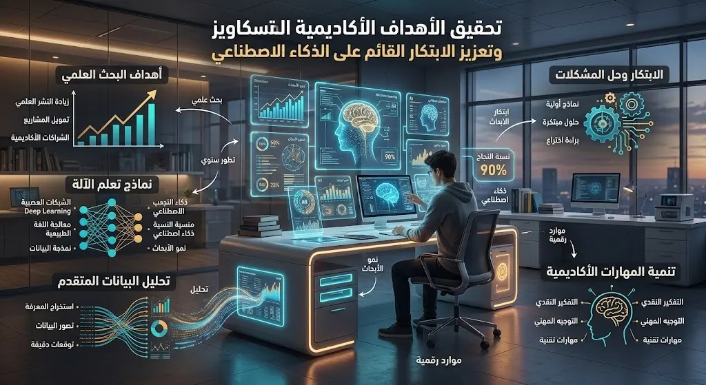 تصميم إبداعي يبرز دمج تقنيات الذكاء الاصطناعي وتحليل البيانات لدعم البحث العلمي والابتكار الأكاديمي