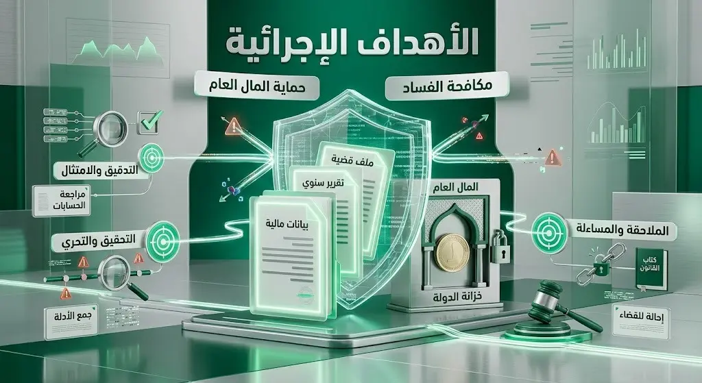 رسم تعبيري ثلاثي الأبعاد يظهر درعاً لحماية الملفات والأموال العامة، مع نقاط مضيئة تمثل الأهداف الإجرائية للائحة نزاهة.