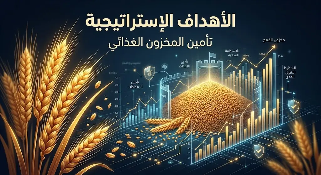 تصميم إبداعي يدمج بين سنابل القمح وعناصر الرسوم البيانية المستقبلية ليرمز إلى الخطط الإستراتيجية لحماية المخزون الغذائي.