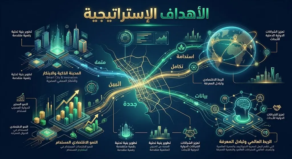 تصميم تفاعلي يبرز الأهداف الإستراتيجية لمدينة جدة وارتباطها بمنصة عالمية لتبادل الخبرات وتطوير السياسات الحضرية المستدامة.